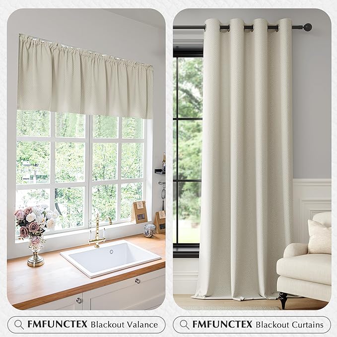FMFUNCTEX 100% Blackout Valance Curtains for Bedroom, Cream Textured Kitchen Window Curtains 18 Inch Length Thermal Insulated Curtains for Living Room, Rod Pocket Drapes Room Darkening 1 Panel