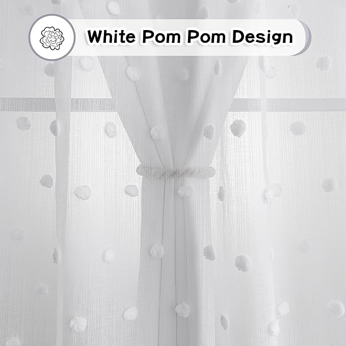 MYSKY HOME Long Curtains for Sliding Glass Door 95 Inch Length White Pom Pom Sheer Curtain Panels for Living Room Double Layer Light Filtering Window Drapes for Girls Kids, White, 52" Wide, Set of 2