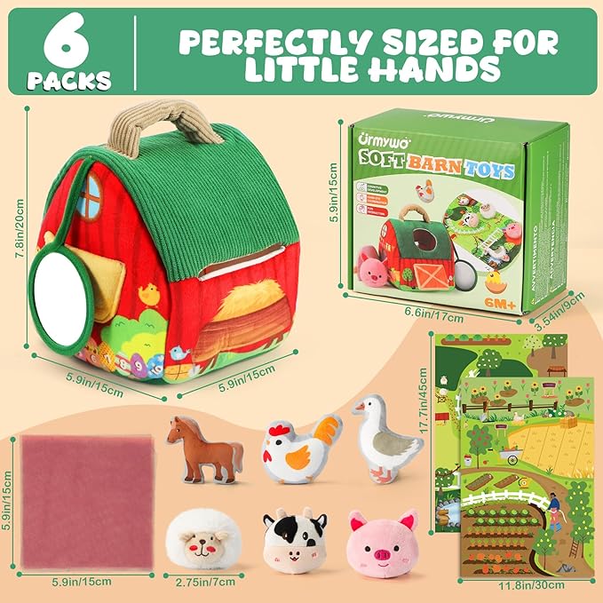 Baby Toys 6-12 Months, Montessori Toys for 1 2 Years Old Babies, Surprise Barn Stuffed Farm Animals Rattle Crinkle Mirror Sensory Balls for Toddlers 1-3, Baby Boy Girl Valentines Gift, Easter Stuffers