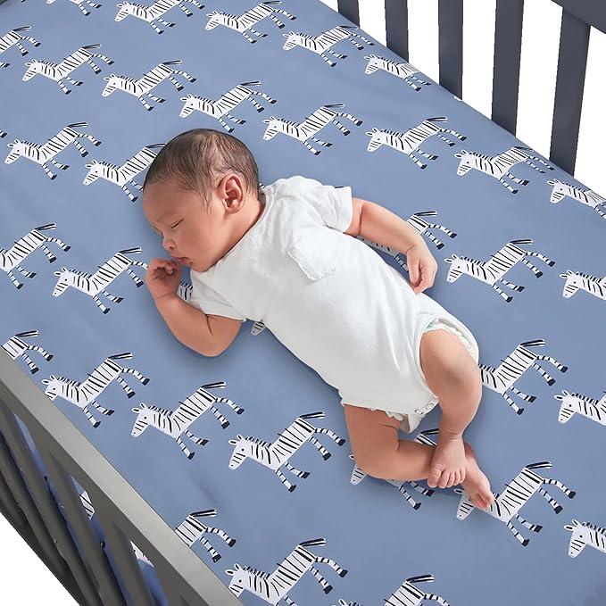 Lambs & Ivy Signature Zebra Blue Organic Cotton Breathable Fitted Crib Sheet