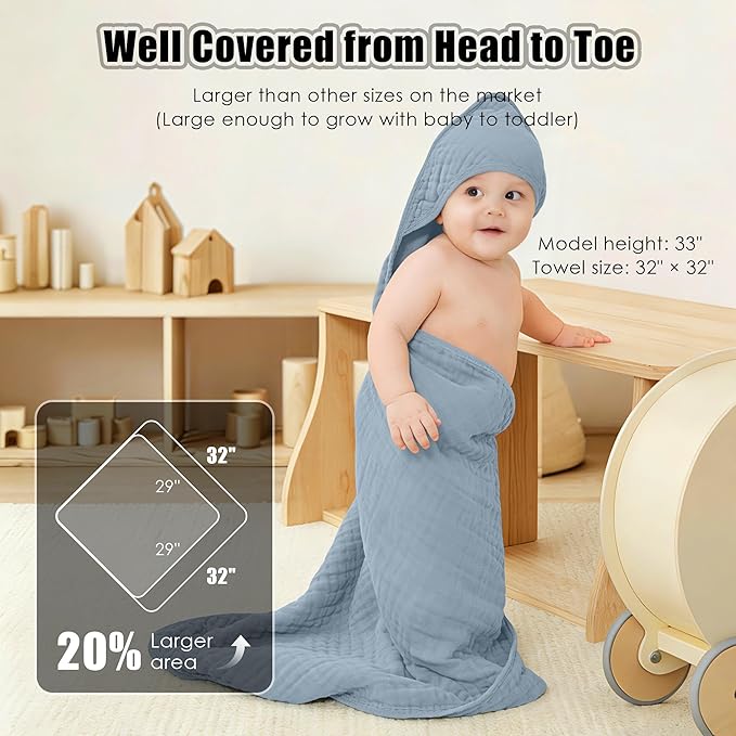 Sunny zzzZZ Muslin Hooded Baby Bath Towels - 3 Pack 100% Cotton Soft Low-Saturation Pastel Towels Including Classic White for Newborns, Infants, Toddlers - 32x32 Inch - Light Navy and White