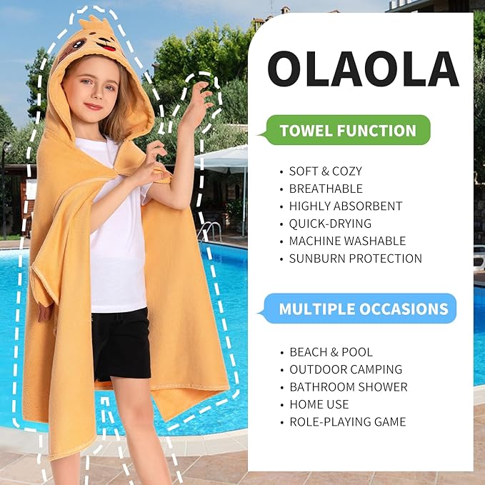 OLAOLA Sloth Hooded Towel for Kids 3-12 Years, 28" x 53" Soft Thick Absorbent Beach Towels, Toddler Bath Towel Wrap Swim Pool Towels Poncho for Boys Girls
