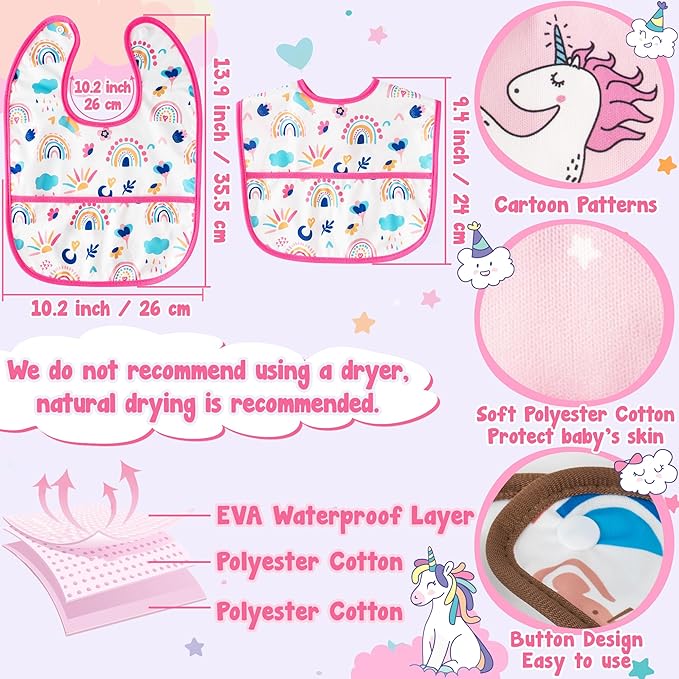 2ooya Baby Bibs for Eating - 6Pcs Toddler Waterproof Feeding Bibs with Crumb Catcher Pocket Adjustable Sleeveless Teething Plastic Food Bib Set Infant Keepsake Gift for Baby Shower, 6-24 Months