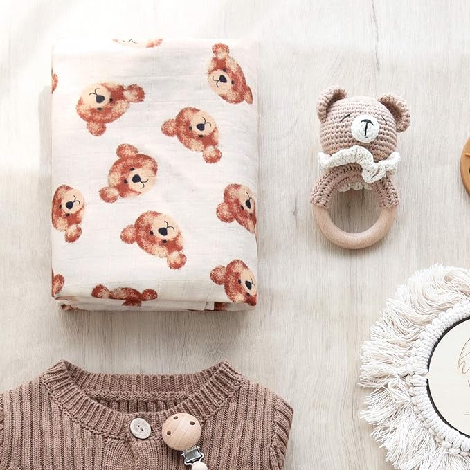 LifeTree Muslin Baby Swaddle Blankets, Boys Girls Muslin Swaddling Wrap Receiving Blanket for Newborn, 70% Viscose from Bamboo and 30% Cotton, Large 47" x 47", Bear Head Pattern