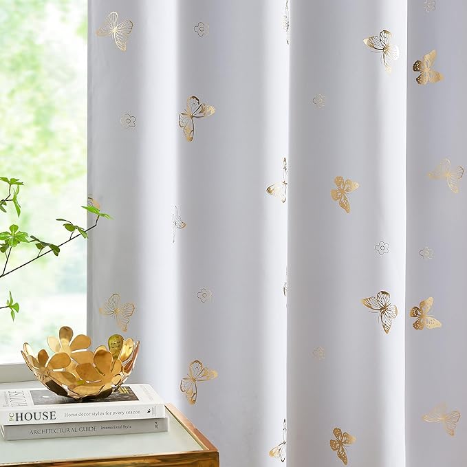Jubilantex Gold Butterfly Blackout Curtains on Greyish White with Black Layer,Thermal Insulated Window Curtains for Bedroom Girls Room,52x84,2 Panels
