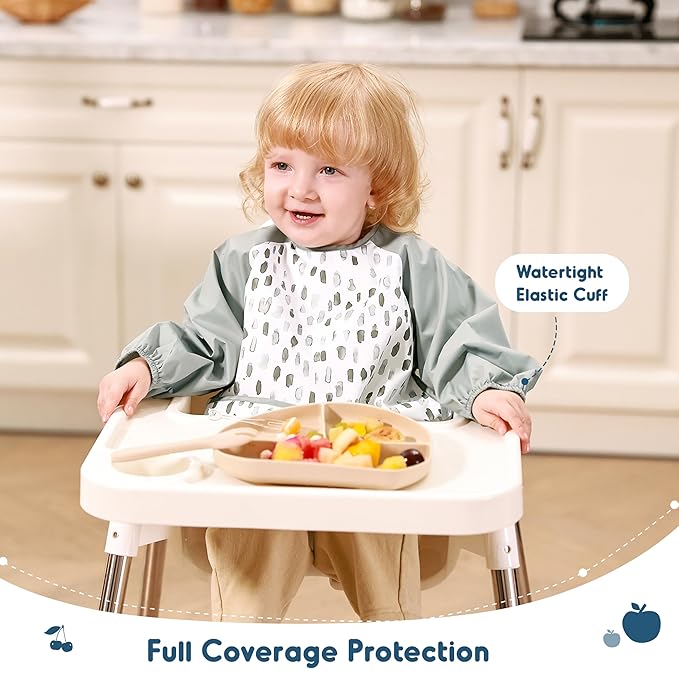 GRSSDER 2 Pack Long Sleeve Baby Feeding Bibs, Super Soft Lightweight Waterproof Coverall Baby Led Weaning Bib with Large Food Catcher Pocket, Adjustable and Easy Clean for 6-30 Months