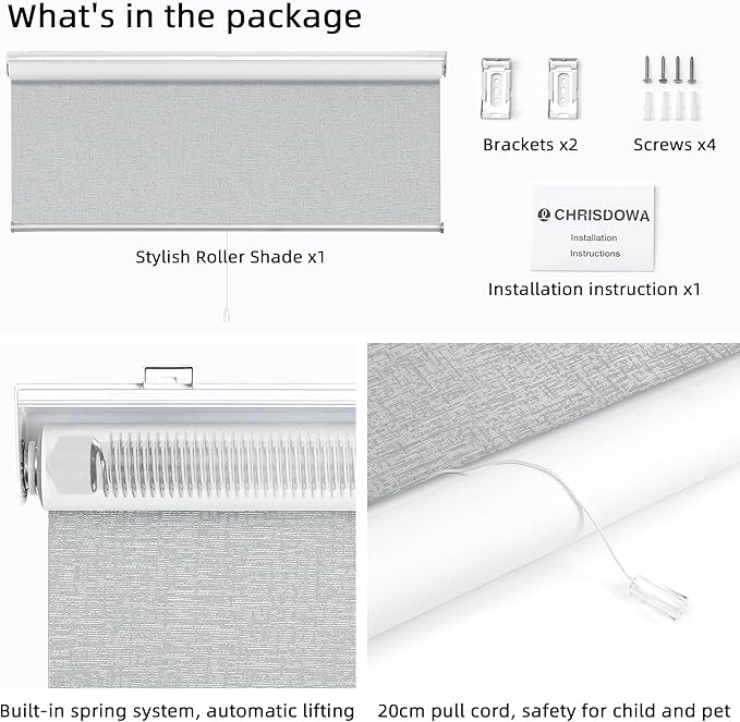 ChrisDowa Cordless 100% Blackout Roller Shade, with Striped Jacquard, Thermal Insulated, UV Protection Fabric, Total Blackout Blinds for Window, French Doors, Home and Office. Light Grey, 51"W x 72"H