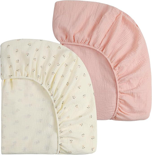 Onacosht Muslin Crib Sheets for Boys Girls, Soft Breathable 100% Cotton Baby Fitted Sheet 52" x 28" for Standard Toddler Crib Mattress, 2 Pack, Pink Floral