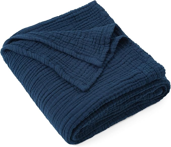 Carriediosa 100% Cotton Muslin Throw Blanket 108" X 90" King Size，4-Layers Summer Gauze Throws for Bed Couch，Soft Lightweight Breathable Linen Blankets Bedspread for Adults All Season，Navy Blue