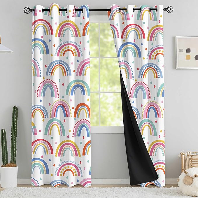 chiinvent Blackout Rainbow Curtains for Kids Cute Rainbow Room Darkening Window Curtains Decorative Cartoon Black Out Curtain for Girls Bedroom Nursery, C3, 52" x 84", 2 Panels (90% Blackout)