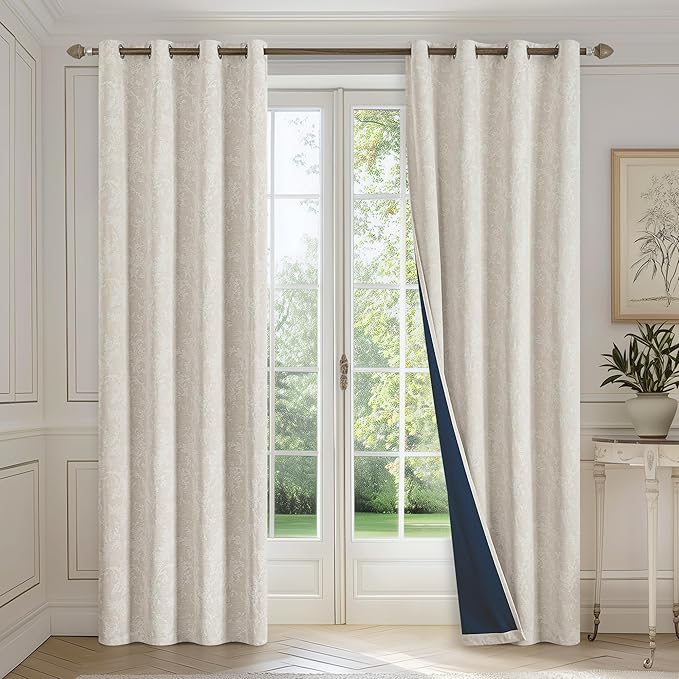 FMFUNCTEX Beige Floral Jacquard Blackout Curtains 108 Inches Long for Bedroom, Scroll Flower Chenille Farmhouse Curtains for Living Room Darkening Thermal Insulated Grommet Window Drapes 2 Panels