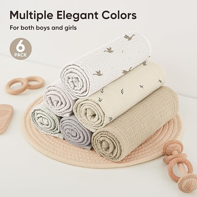 Bearmoss 100% Cotton Muslin Burp Cloths, 6 Pack Absorbent Large Baby Burping Cloths for Boy, Girl, 23.6" X 23.6" Newborn Essentials (White Apricot)