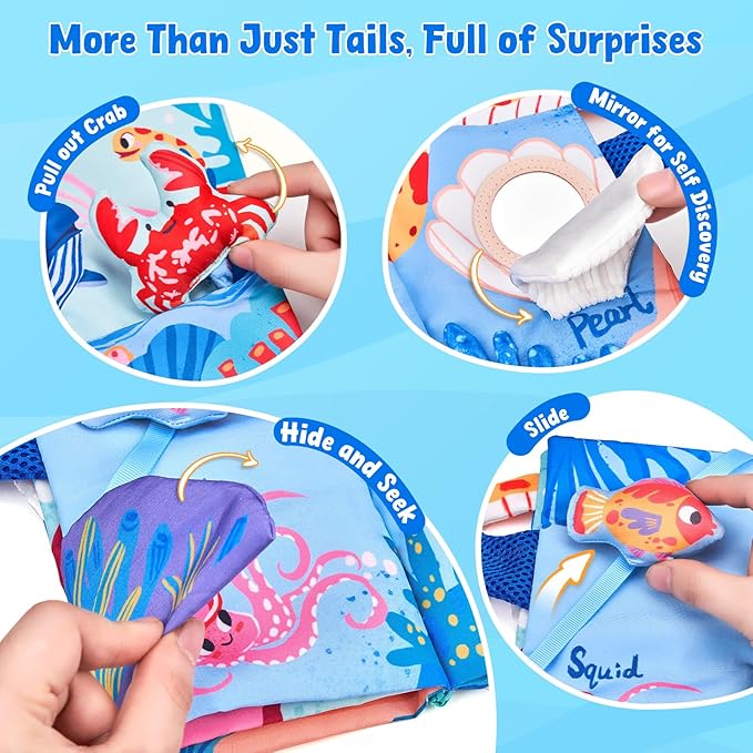 JoyCat Baby Books 0-6-12 Months - Ocean Tummy Time Toys Mirror - Montessori Sensory Activity Cloth Book with 3D Crab & Fish - Newborn Valentine Easter Basket Stuffers