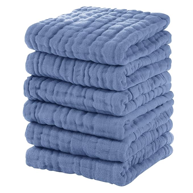Unnivoll Muslin Baby Washcloths 6 Pack, 100% Cotton Wash Cloths for Babies, Large 12''X12'' Burp Cloths Absorbent and Soft for Newborn Infants Kids Boys Girls - Sapphire Blue