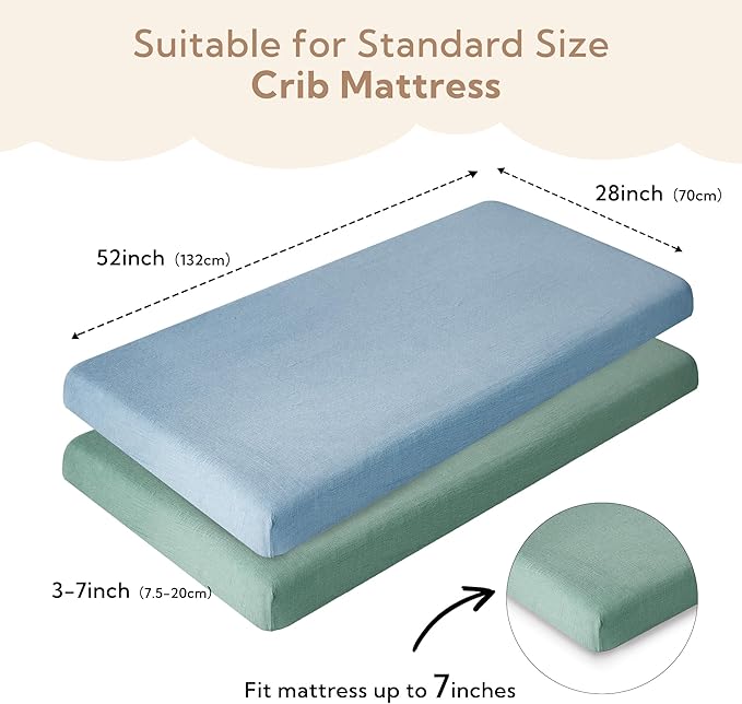 SOULFUL Muslin Crib Sheets for Boys Girls, 2 Pack Soft and Breathable Cotton Fitted Crib Sheets for Standard Crib Mattress (28"x 52", Green & Blue)