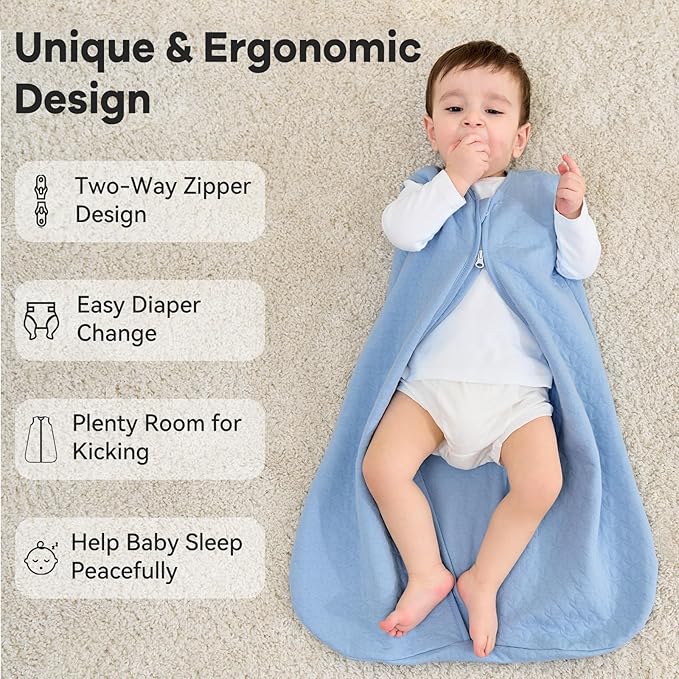 Unnivoll Baby Sleep Sack 18-24 Months 1.0 Tog Baby Wearable Blanket Cotton Sleeping Sack Quilted Baby Sleep Bag with 2-Way Zipper for Toddler Infant Blue