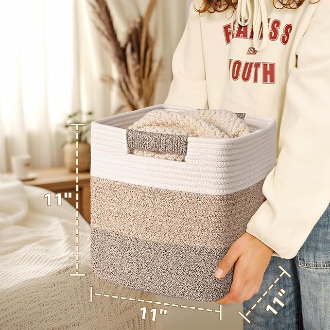 11 Inch Storage Cubes, 3 Pack Cube Storage Bins for Organizing, Cotton Rope Woven Baskets for Shelves, Bathroom, Kids Room, Closets, Baby Nursery