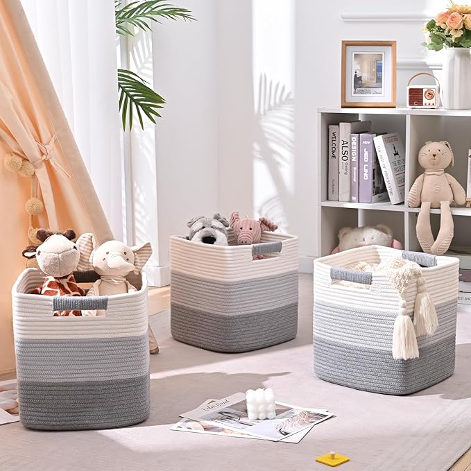 13 Inch Storage Cubes, 3 Pack Cube Storage Bins for Organizing, Cotton Rope Woven Baskets for Shelves, Bathroom, Kids Room, Closets, Baby Nursery