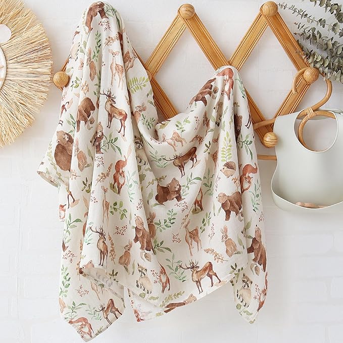 LifeTree Baby Swaddle Blankets, Muslin Swaddle Blankets Boys Girls Swaddling Wrap Receiving Blanket for Newborn, 70% Viscose Bamboo and 30% Cotton, Large 47" x 47", Woodland Pattern