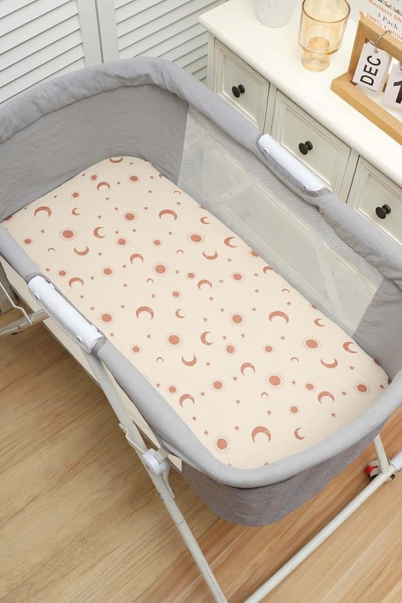 Onacosht Muslin Bassinet Sheets 3 Pack, 100% Cotton Baby Fitted Sheet 33" X 17" for Standard Rectangle Round Oval and Hourglass Bassinet Mattress, Checker and Sun Moon