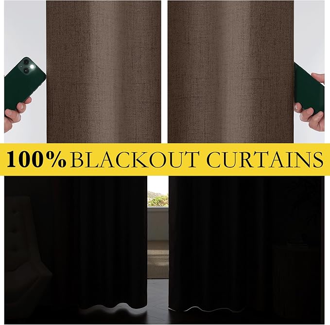 NICETOWN Coffee Vintage Linen 100% Blackout Curtains for Living Room, W52 x L90 in, Set of 2, Thermal Insulated Curtains with Light Blocking Liner, Noise Reducing Window Treatments for Home Cinema