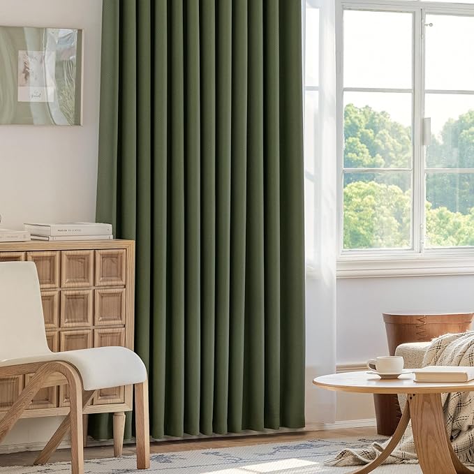 FMFUNCTEX 100% Blackout Curtains for Bedroom, Olive Green Curtains 63 Inches Long Textured Thermal Insulated Curtains for Living Room Drapes, Black Out Drapery Grommet Room Darkening 2 Panels
