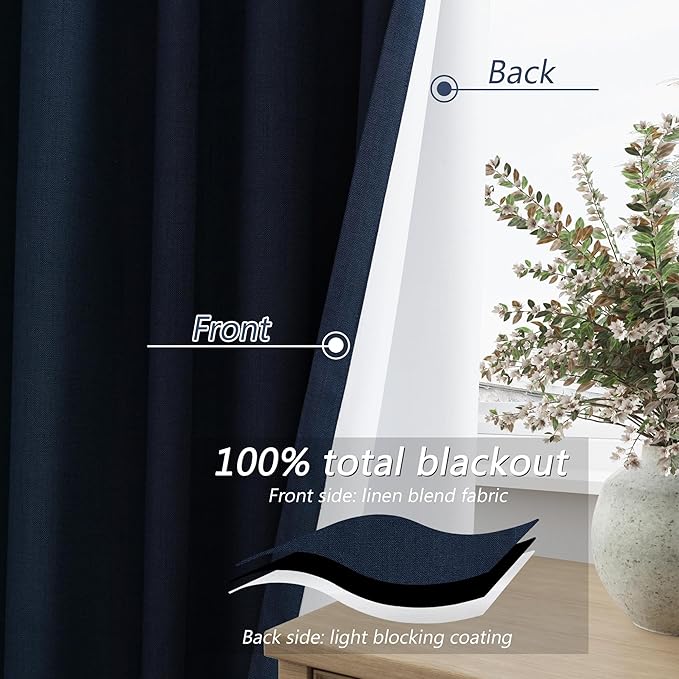 Guken Navy Blue 100% Blackout Curtains 90 Inch Length 2 Panels Set for Living Room Bedroom Back Tab Thermal Insulated Black Out Linen Drapes Room Darkening Window Curtains 90 Inches Long