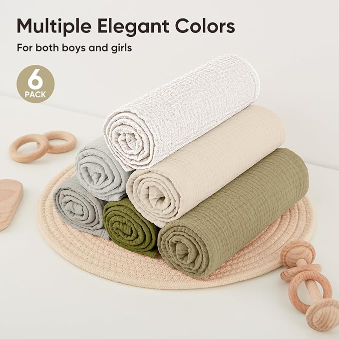 Bearmoss 100% Cotton Muslin Burp Cloths, 6 Pack Absorbent Large Baby Burping Cloths for Boy, Girl, 23.6" X 23.6" Newborn Essentials (Gray Green)