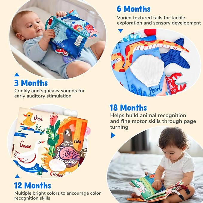 JoyCat 2-Pack Baby Cloth Books 0-6-12 Months - Farm & Ocean Infant Sensory Toys - Tummy Time Mirror & Montessori Developmental Learning - Valentine & Easter Basket Stuffers Gift Set