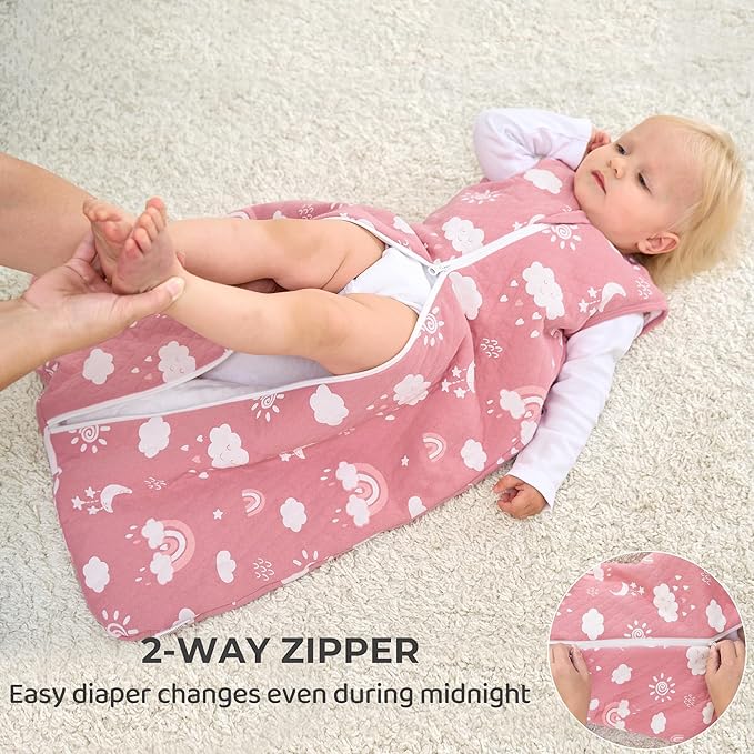 FIEMOL Baby Sleep Sack 0-6 Months 2.5 TOG, Winter Cotton Sleepsack Newborn and Infant, Warm Quilted Baby Wearable Blanket, Baby Sleeping Bag with 2-Way Zipper Pink Rainbow
