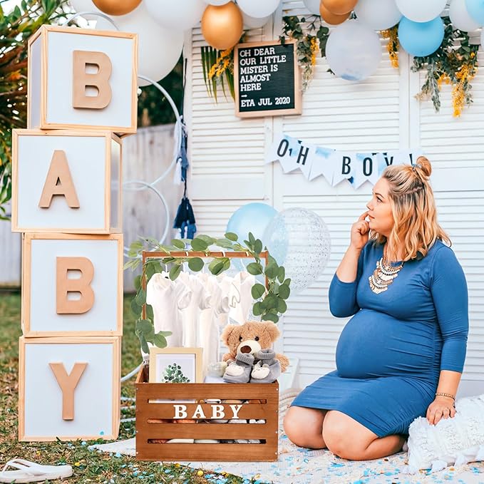 Barydat Wooden Baby Shower Crate Closet, Baby Basket with Handle, Personalized Basket Gifts, Easy Assembly Baskets for Newborn Boy Girl Welcome Gift for New Mom Parents(Brown)