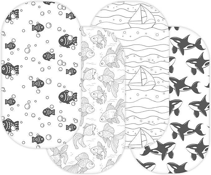 Bassinet Sheets for Dream On Me Karley, Lacy, Poppy, Chicco LullaGlide, Ingenuity Foldaway Rocking, Safety 1st Nap and Go, 3 Pack, 33 x 17, Ultra Soft, Unisex Boys Girls, Gray (Ocean Fish)