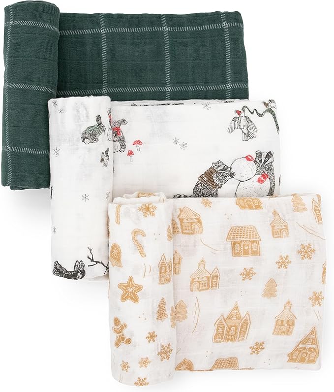 Little Unicorn Muslin Swaddle Blanket for Newborns & Infants | Soft & Breathable Fabric | Set of 3 Baby Blankets for Swaddling, Nursing, Shower Gifts (Snow Day)