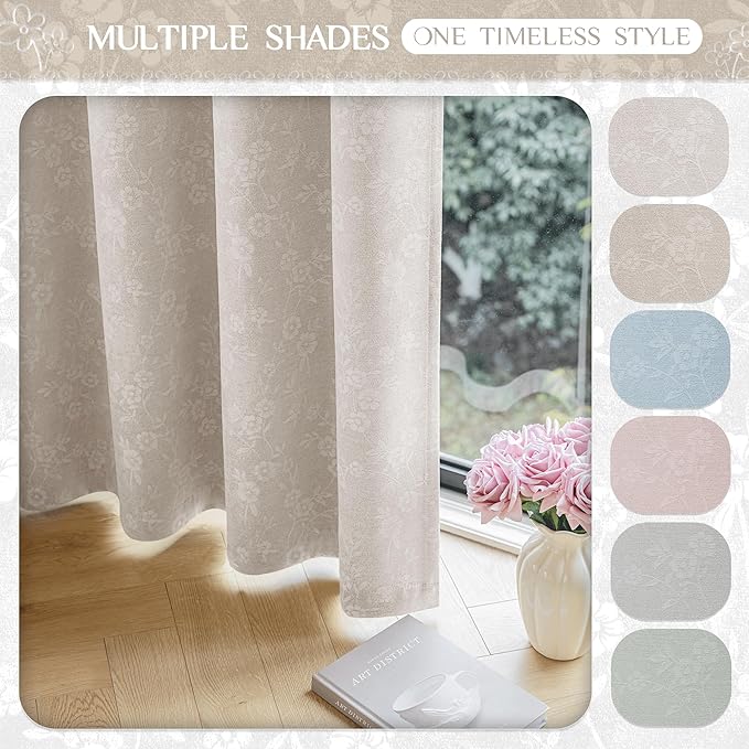Beauoop Cream Floral Jacquard Blackout Curtains 96 Inches Long 2 Panels for Living Room Bedroom Chenille Flower Room Darkening Thermal Insulated Soundproof Grommet Window Drapes, 52x96 Set of 2
