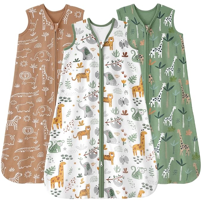 FIEMOL Baby Sleep Sack 6-12 months, 100% Cotton Sleeping Sack for Newborn and Infant, 3 Pack Baby Wearable Blanket for Boy and Girl, 0.5 Tog Lightweight Double Zipper Sleep Bag Green Brown Giraffe