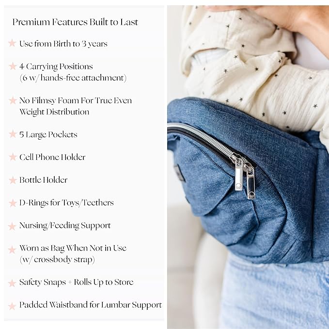 Tushbaby The Original Premium Quality Hip Seat Carrier – Safety-Certified Baby & Toddler Carrier with Secure Safety Buckles, Storage Pockets & Nursing Pillow