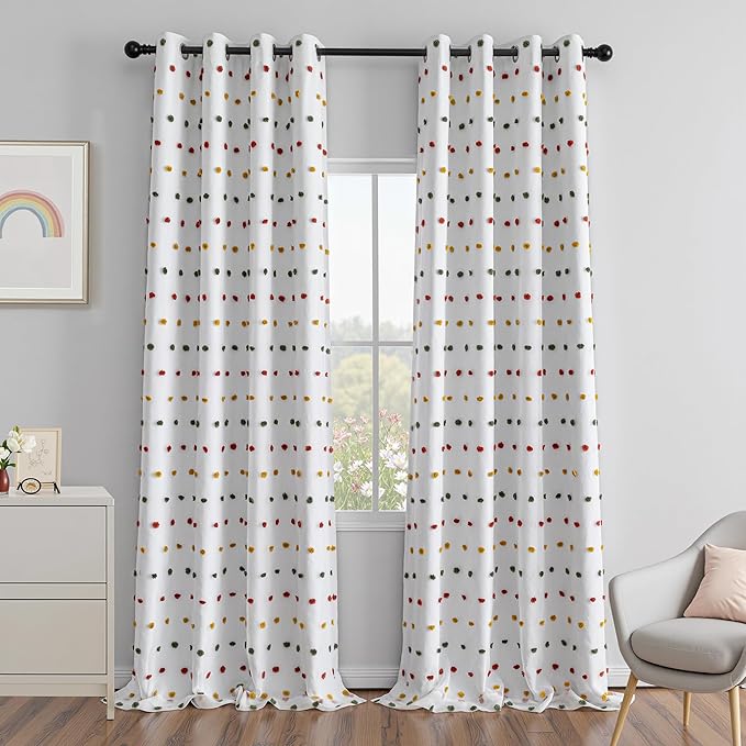 MEETSKY Colorful Pom Pom 100% Blackout Curtains for Girls Bedroom 95 Inch Long 100% Light Blocking Curtains for Living Room 2 Panels Room Darkening Grommet Double Layer Drapes 52W x 95L