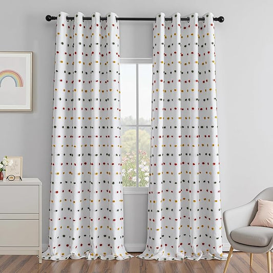 MEETSKY Colorful Pom Pom 100% Blackout Curtains for Girls Bedroom 95 Inch Long 100% Light Blocking Curtains for Living Room 2 Panels Room Darkening Grommet Double Layer Drapes 52W x 95L