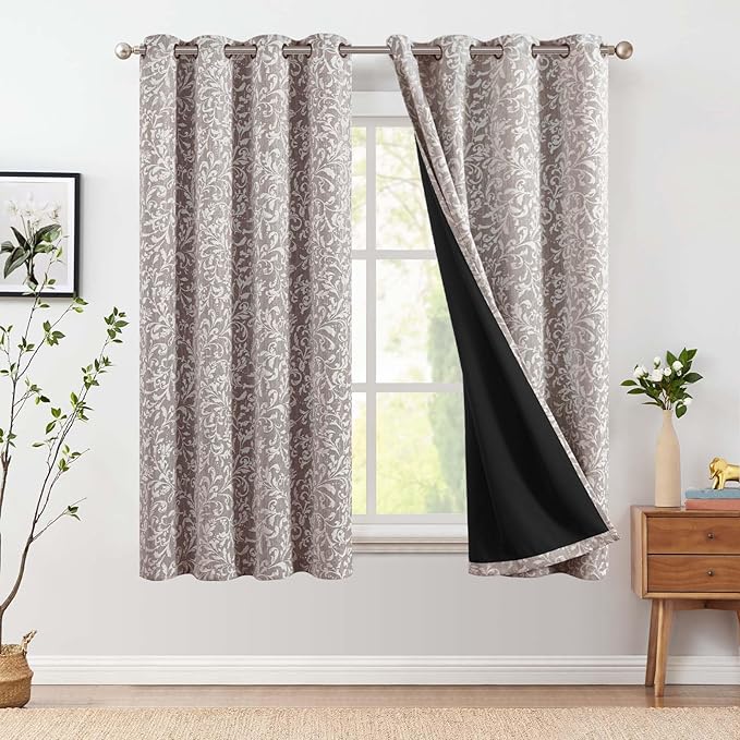 jinchan Blackout Curtains for Bedroom, Taupe Grey Scroll Floral Patterned Curtains 72 Inch Length for Living Room, Vintage Art Deco Drapes, Thermal Insulated Window Curtains Grommet 2 Panels