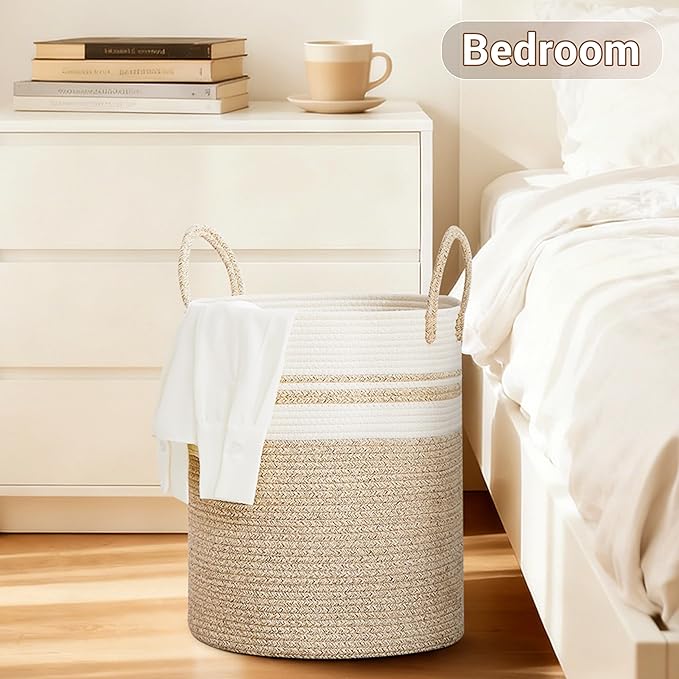 Tall Laundry Basket with Handles, 53L Portable Dirty Clothes Hamper, Boho Cotton Rope Storage Bin for Blankets Kids Toys Gifts, Decorative Organizer for Nursery Bedroom Bathroom, New Brown