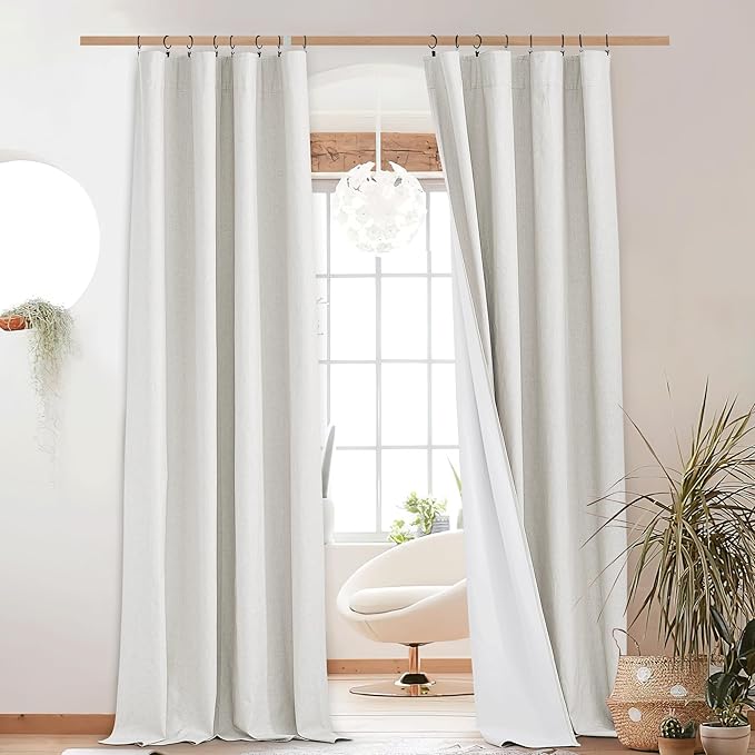 NICETOWN 100% Absolutely Blackout Linen Curtains with Thermal Insulated White Liner, Ivory, W52, 2 Pieces, Back Tab Noise Reducing Textured Linen Look Windows Curtains 90" Length for Classroom