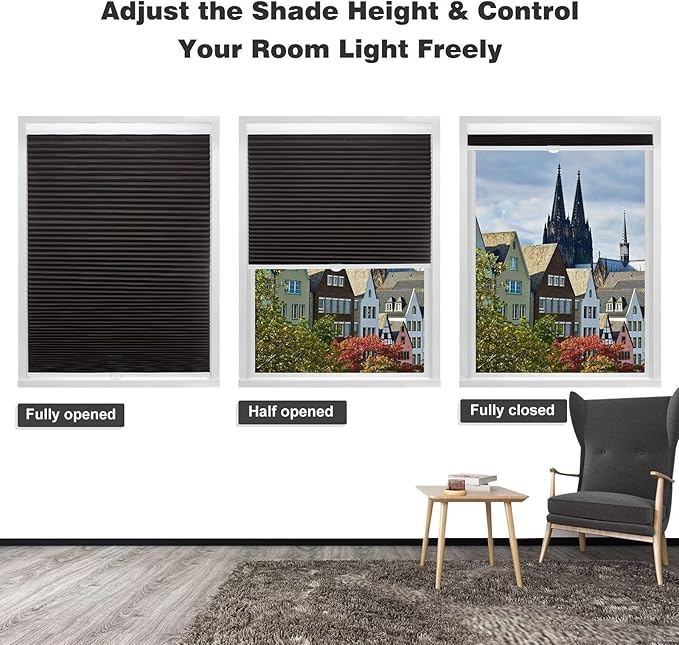 MYshade Cordless Blackout Cellular Shades for Windows, Honeycomb Window Shades with Thermal Insulation, Child & Pet Safe Room Darkening Shade, Easy Install, 34" W x 64" H, Black