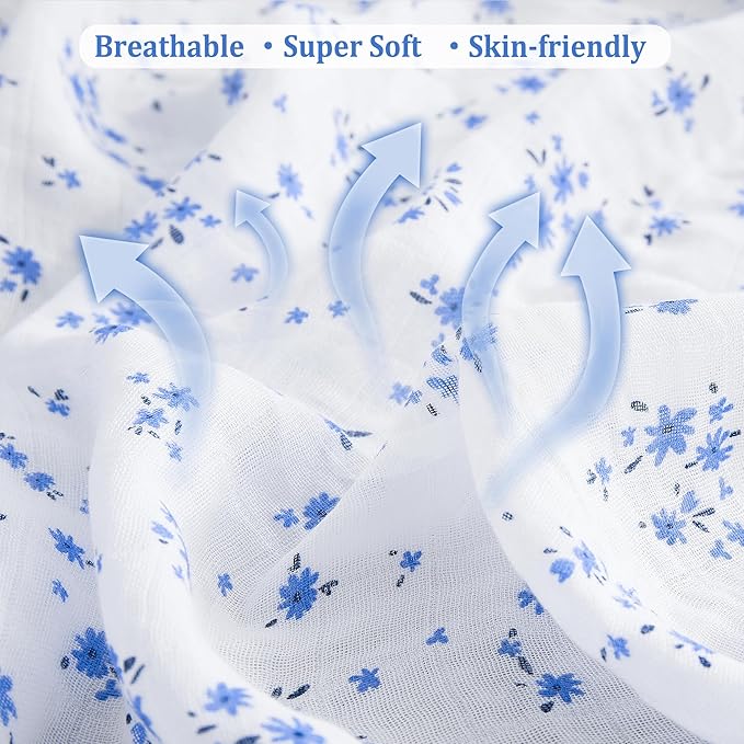Viviland Muslin Swaddle Blanket, Baby Swaddle Blanket for Boys & Girls, Nursery Receiving Blanket for Newborn, Baby Swaddle Wrap Soft Silky & Breathable, 4 Packs, 47 X 47In, Blue Floral