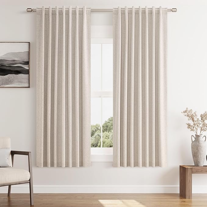 Guken Oatmeal 100% Blackout Linen Curtains 63 Inch Length 2 Panels Set for Living Room Bedroom Back Tab Thermal Insulated Black Out Linen Drapes Room Darkening Window Curtains 63 Inches Long