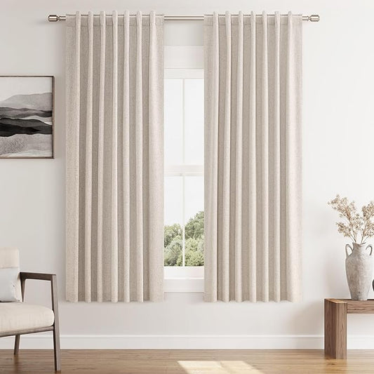 Guken Oatmeal 100% Blackout Linen Curtains 63 Inch Length 2 Panels Set for Living Room Bedroom Back Tab Thermal Insulated Black Out Linen Drapes Room Darkening Window Curtains 63 Inches Long