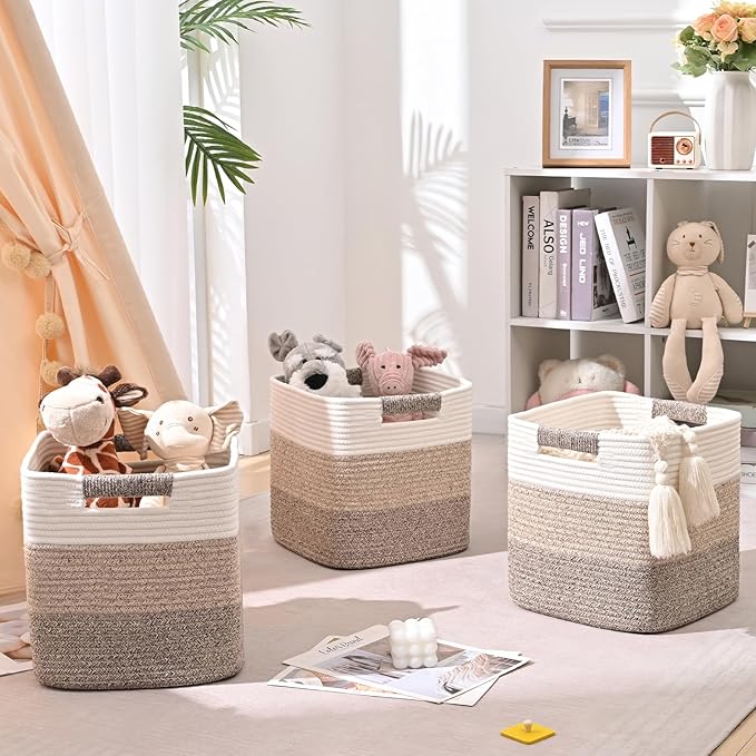 11 Inch Storage Cubes, 3 Pack Cube Storage Bins for Organizing, Cotton Rope Woven Baskets for Shelves, Bathroom, Kids Room, Closets, Baby Nursery