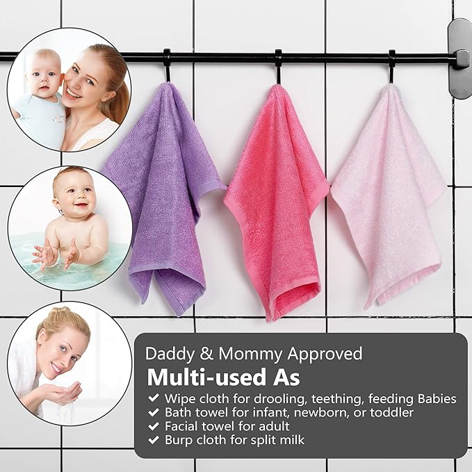 6 Pack Baby Girl Washcloths Bulk for Newborn, Extra Soft Face Bath Towel for Toddler, Absorbent Kids Wash Rag for Body, 70% Rayon Derived from Bamboo, 30% Cotton, 10"x10", Purple/Pink/Rose