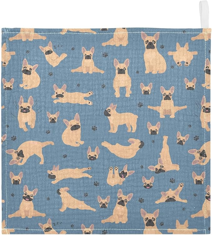 vvfelixl Baby Cotton Washcloths French Bulldog Pug Infants Bath Towel for Unisex Puppy Face Towels for Newborn, Natural Baby Wipes Delicate Skin, 11.8 X 11.8 inch, one sizex5