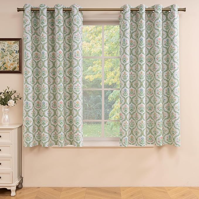 ColorBird Nursery Curtains Girl Spring Decor Blackout Floral Green and Pink Block Print Patterned Curtain Farmhouse Vintage 63 Inch Drapes for Bedroom Living Room Window Treatments