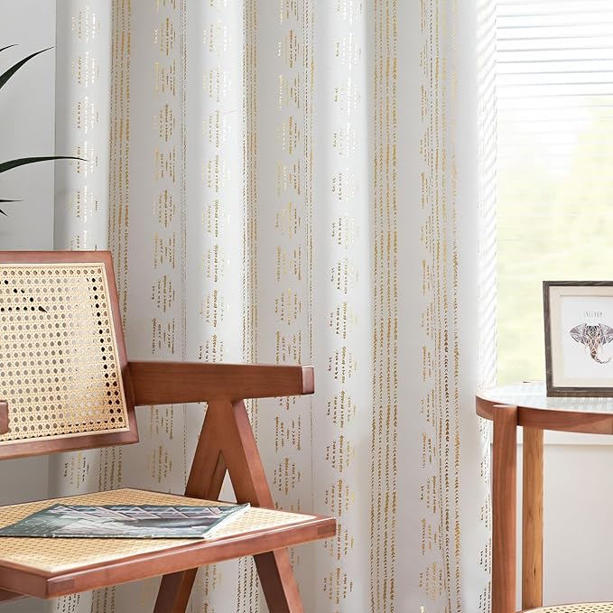jinchan 95% Blackout Boho Curtains 108 Inches Long for Bedroom Living Room Golden Geometric Foil Printed Curtain Grommet Top Room Darkening Drapes Off White 52 x 108 2 Panels